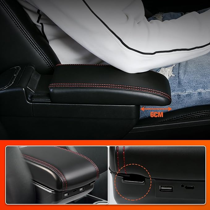 Armrest Box Compatible with Kia Rio 2012 2013 2014 2015 2016, Double Layer Black Leather Center Console Organizer with 7 USB Ports, Adjustable Armrest Pad, Cup Holder,Ashtray(Red Thread)