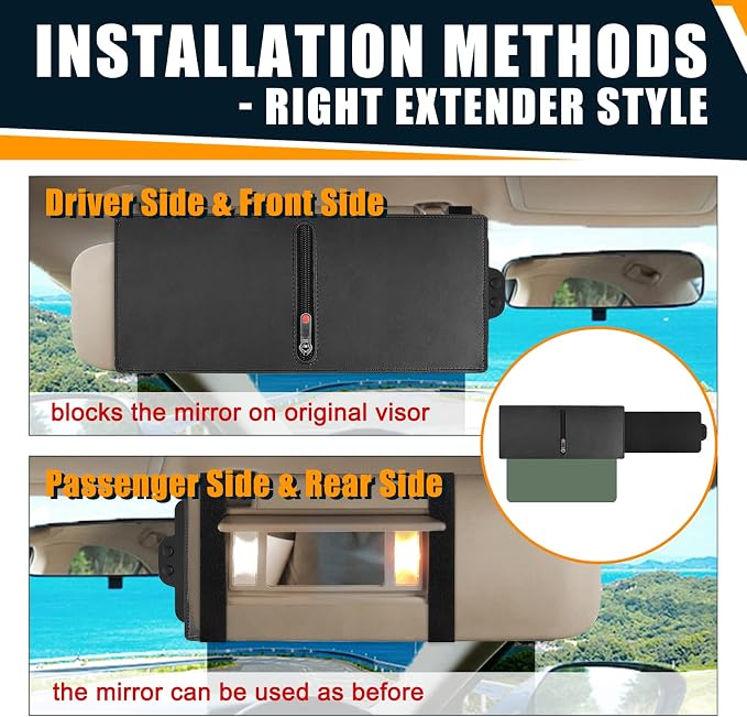 Veharvim 2 Pack Sun Visor Extender for Car with Zipper Slider (Driver + Passenger Side), Upgraded UV400 Car Sun Visor Extension with PC Lens and Side Sunshade, Anti-Glare, UV-Filtering
