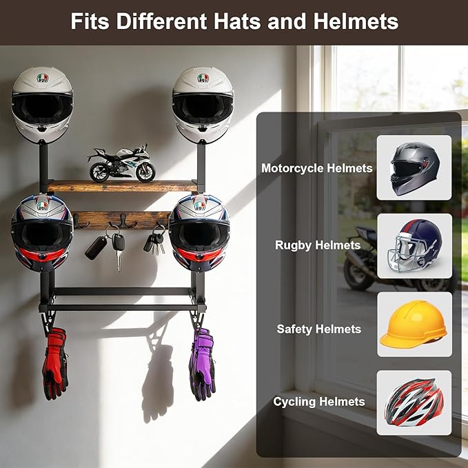 Motorcycle Helmet Hanger Wall Mount, Tiered Wooden Organizer with Metal Frame, 4 Helmet Holders, 5 Glove Clips & 3 Hooks for Accessories Storage
