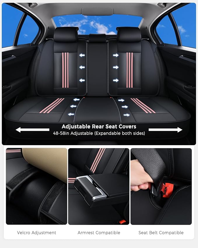 Huidasource Rear Car Seat Cover, Nappa Leather Rear Seat Cover with Ventilation Holes, Velcro Adjustable, Compatible with Seat Belts, Child Seats, Universal Fit for Most Cars SUV Truck, Black＆Pink