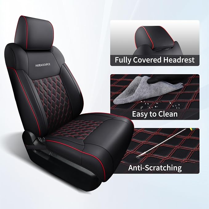 Huidasource Dodge Ram Seat Covers Full Set, Full Coverage Waterproof Leather Pickup Truck Seat Cushion Protector Fit for 2009-2018 1500, 2010-2025 2500/3500 Crew Mega Cab(Full Set/Black&Red)