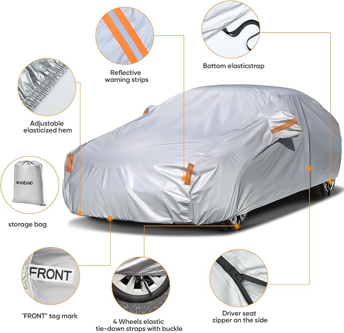 NEVERLAND Sedan Car Cover Waterproof Heavy Duty All Weather Protection Snow Anti-UV Windproof Outdoor Full Car Cover Fit for Automobiles BMW/Mercedes-Benz/Honda (172-183 inch)