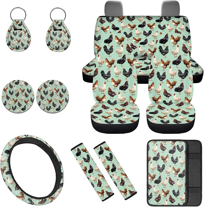 Rooster 12 Pcs Car Seat Covers with Steering Wheel Cover,Seat Belt Covers Cup Holder with Keychain Novelty Automotive Protector Set Universal Fit Automotive Most Cars