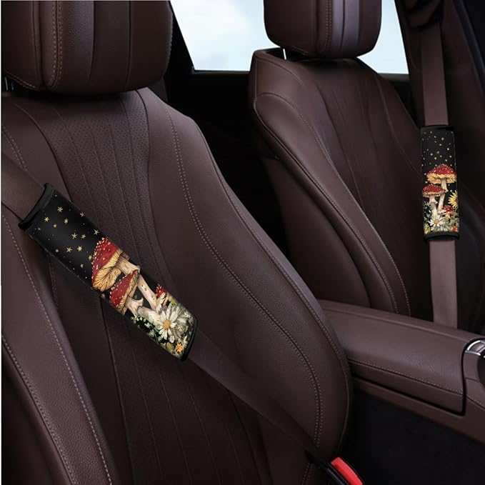 BIGCARJOB Mushroom Car Accessories Full Set 12 Pcs Auto Seat Cover for Front Rear,Sunflower Mushroom Auto Interior Seat Protector Steering Wheel Cover,Seat Belt Pads,Handbrake Brake Protector