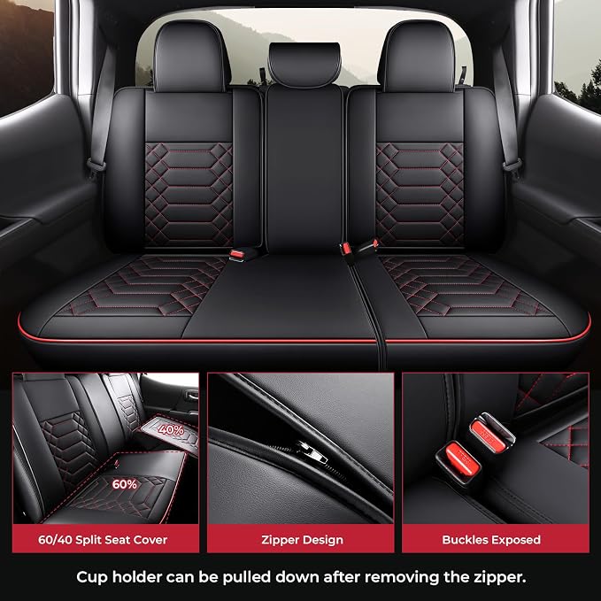 FREESOO Tacoma 2016-2023 Seat Covers Custom Fit for Toyota Tacoma Double Crew Cab Faux Leather Full Set Pickup Truck Seat Covers (Full Set, BlackRed)