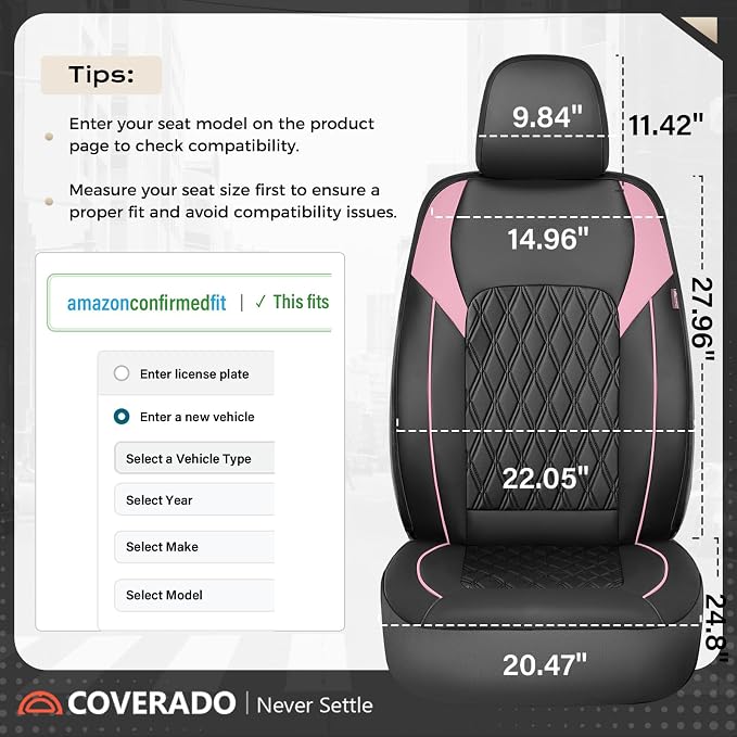 Coverado Seat Covers, Car Seat Covers Full Set, Car Seat Cover, Car Seat Covers Front Seats and Back, Waterproof Car Seat Cushion, Faux Leather Car Seat Protector Universal Fit Most Cars, Black&Pink