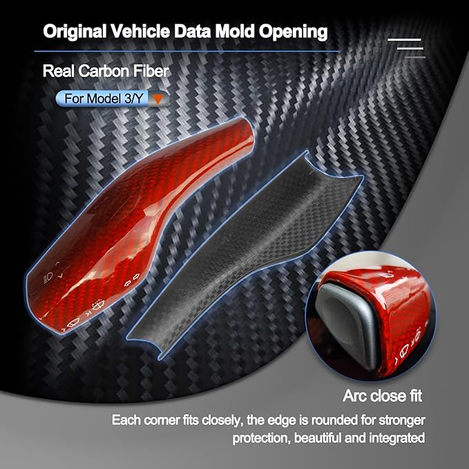 Carbar Gear Shift Cover for Tesla Tesla Model 3 Carbon Fiber Model Y Accessories Steering Wheel Lever Cover Real Carbon Fiber Gear Column Shift Collars (2Pcs Red Glossy Carbon Fiber)