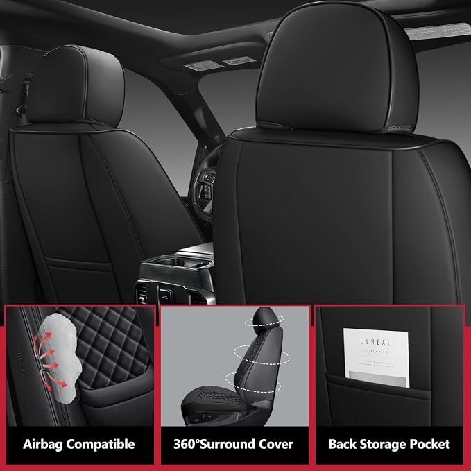 F150 Seat Covers 2015-2025 Front Pair, Truck Interior Sets with Lumbar Support Custom Fit for Ford F150 2015-2025, F250/F350/F450 2017-2025 Super Duty Crew Cab XLT XL Lariat Platinum, Black