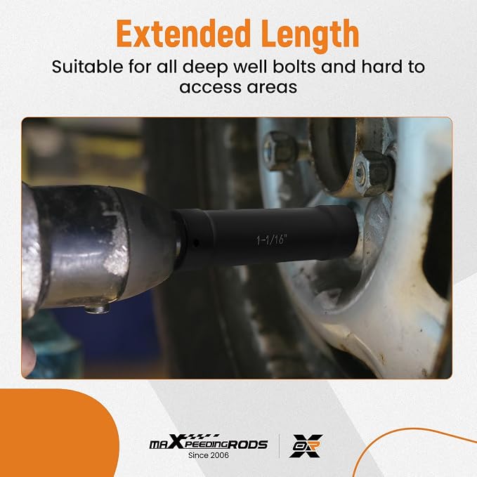 maXpeedingrods 1/2 Inch Drive Extended Length Impact Socket Set, 6Pcs Extra-Deep Length Extra-Deep Impact Set Heavy Duty with Case, 6 Sizes - Hex Sizes 3/4", 7/8", 15/16", 1-1/16”, 1-1/8", 1-1/4"