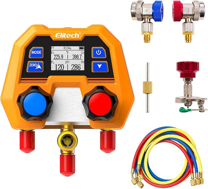 Elitech AC Gauge Set, Digital Manifold Gauge Set for HVAC & Automotive Systems, Supports 88 Refrigerants, DMG-2SE with 3 Color Hoses, R134a Quick Couplers, Can Tap & Wrench