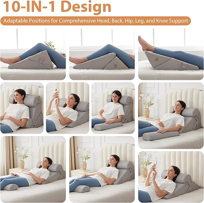 BIEEZZK 4PCS Wedge Pillow Set for After Surgery, Back Pillow for Bed Sitting up, 9&12inch Adjustable Memory Foam Bed Wedges, Pillow Wedge for Acid Reflux, Back Pain Relief, Snoring, Grey