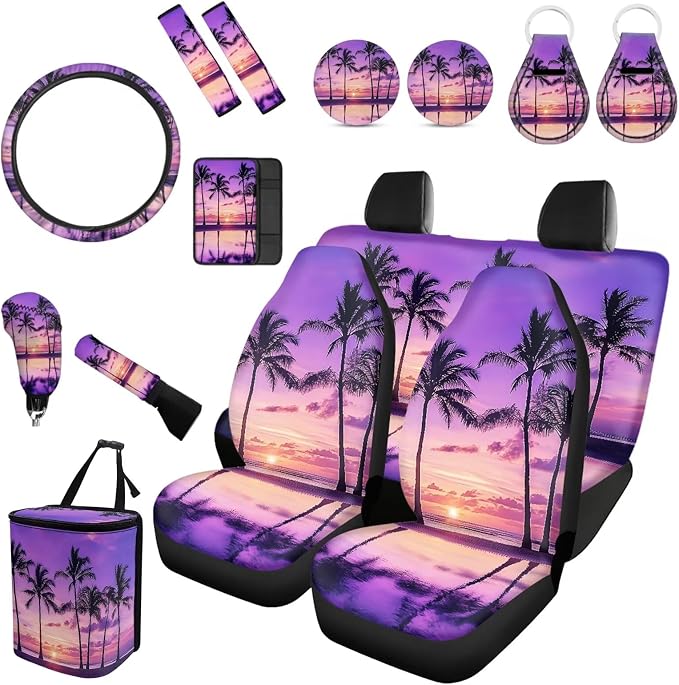 Forchrinse Hawaii Palm Purple Sky Print Car Sea Cover Set for Women 15Pcs Auto Interior Set with Steering Wheel Cover/Armrest Cover/Seatbelt Cover/Coaster/Keychain/Handbrake Gear Shift Cover