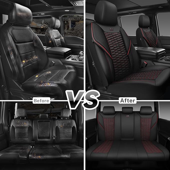 CAR PASS 3D Foam Mesh Leather Car Seat Covers Full Set,Breathable Mesh Faux Leather Seat Covers for Car,Universal Fit for SUV Truck Sedan Automotive, Armrest Airbag Compatible,Black and Red