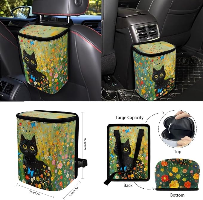 Cat Floral Butterfly Print Car Seat Cover Set Steering Wheel Covers Seat Belt Strap Cover Garbage Cans Air Vent Storage Holder Rear View Mirror Covers Coasters Key Chain, 15 Pack