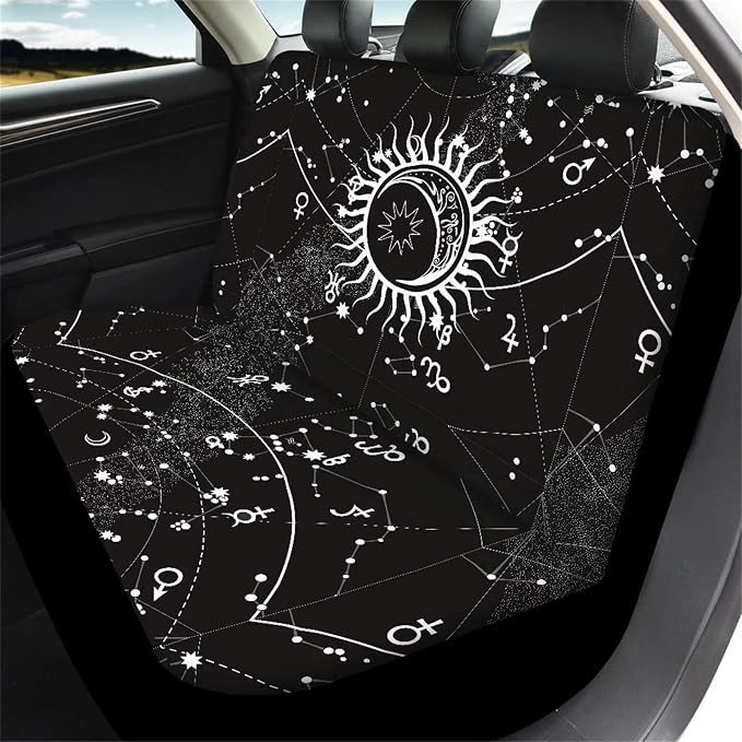 Xoenoiee 11 Pcs Car Accessories with Front & Rear Auto Seats Covers, Steering Wheel Cover, Seat Belt Pads, Cup Coaster, 2 Pcs Key Chain - Universal Fit - Celestial Sun Moon Stars