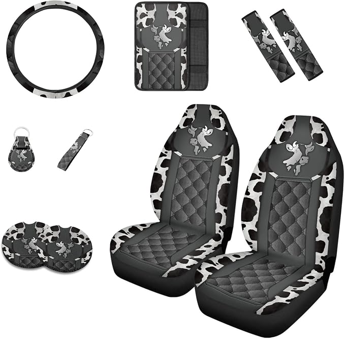 Howilath Sliver Cows Print Auto Car Front Seat Covers/Steering Wheel Cover/Seatbelt Pad/Armrest Cushion/Coaster/Keychain, 10pcs Universal Auto Interior Protector Accessory