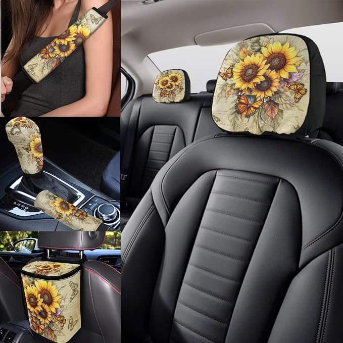 Sunflowers Car Seat Covers Full Set with Backseat Trash Can Steering Wheel Cover Retro Sunflowers Auto Aaccessories Sets Universal Car Seat Covers Full Set for Front and Rear,Universal Fit