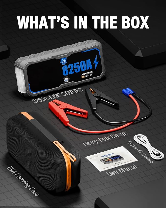 Portable 8250A Car Battery Jump Starter with PD-65W (for All Gas or 10.0+L Diesel), 12V Potable Car Jump Start with 4.01 inch HD Screen, 2 USB Power Bank 24-Months Stand-by Time