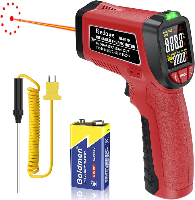 Infrared Thermometer Gun, Gedaye Laser Temperature with IR Pointer 13:1, Meat Temp Gun with Metal Probe, Adjustable Emissivity, -58℉ to 1076℉, Heat Thermometer for Cooking Pizza Oven Grill Fridge BBQ