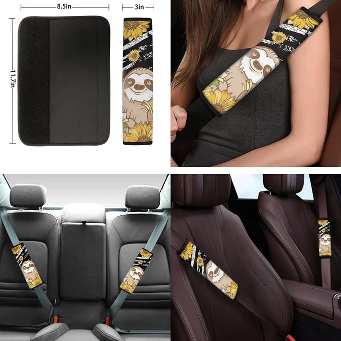 Suobstales Sloth Sunflower Car Accessories for Women Men American Flag Print Car Seat Cover Protector with Steering Wheel Cover,Seat Belt Shoulder Strap Pad, Coasters, Keychains for Car SUV Truck