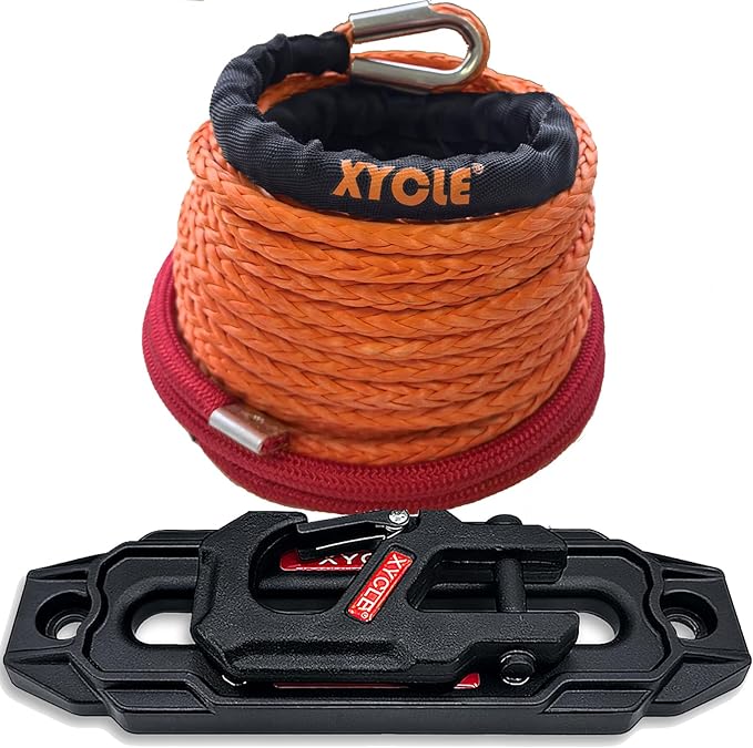 Synthetic Rope Towing Winch Fairleads,OrangeBlack | 3/8" x 90 foot synthetic winch Rope, 10"Aluminum cable guide, Foldable forged trailer hook kit
