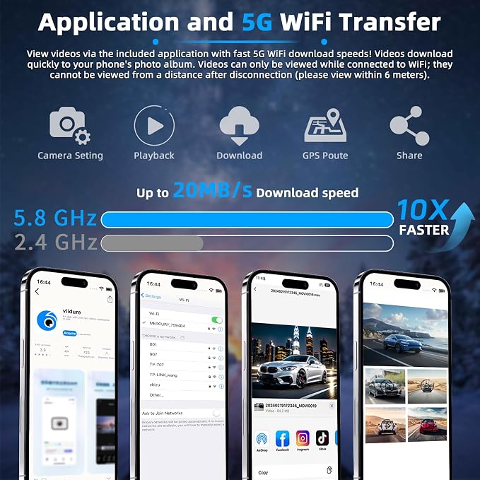 W6 4 Channel Dash Cam 360° Recording Dash Cam for Cars 2K Front + 1080P Rear & Side Cameras 5GHz WiFi & App Control, Night Vision, G-Sensor, Parking Monitor, 64GB SD Card Included