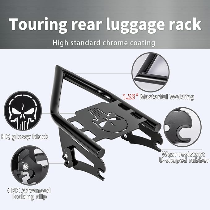 Detachable Luggage Rack for Harley Touring 2009-2026 Street Road Electra Glide/Road King, Black（Skull）