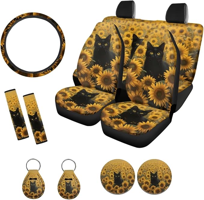 Suobstales Cat Sunflower Print Car Accessories with Car Front Rear Split Seat Covers, Seat Belt Pads + Steering Wheel Cover + Coaster + Keyrings for Women Men Set of 11-Pcs