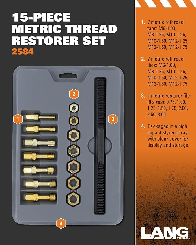 Lang Tools 2584 15-Piece Metric Thread Restorer Set, Black , Gray