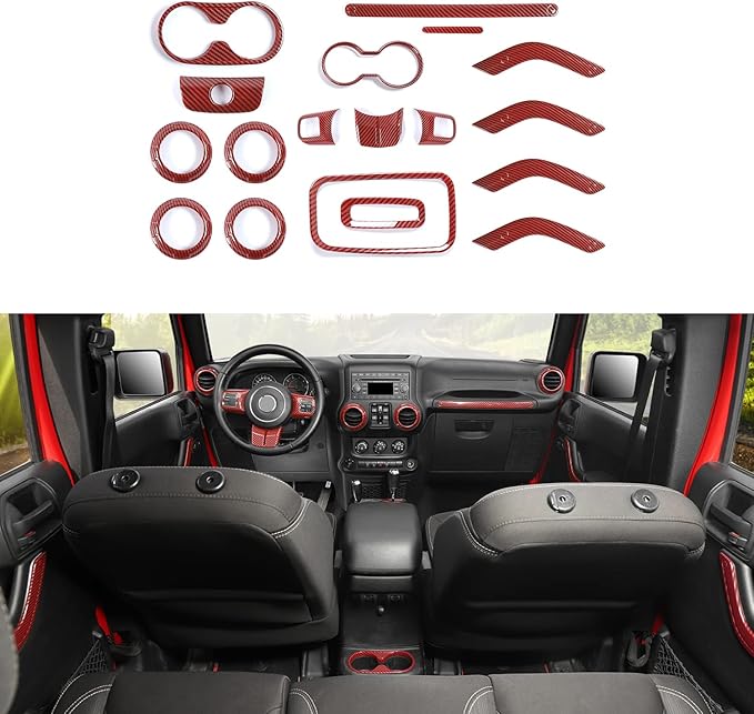 RAZPOY JK 18PCS Interior Trim Kit, Steering Wheel Trim & Gear Shift Cover Air Conditioning Vent Trim Compatible with 2011-2017 Jeep Wrangler JK 4-Door, Red Carbon Fiber