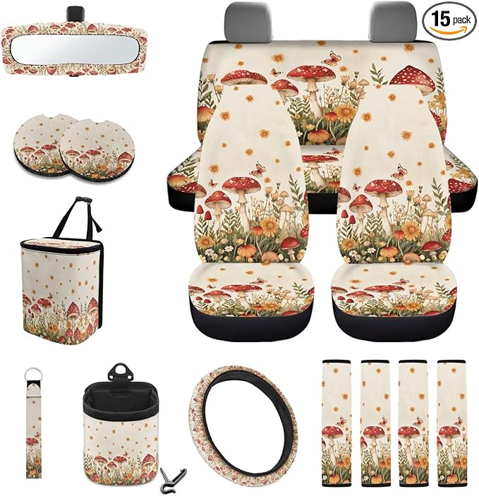 Cottagecore Mushroom Butterfly Daisy Car Seat Covers 15Pcs Full Set Car Steering Wheel Cover Seat Belt Cover Trash Bin Air Vent Storage Box Rear View Mirror Car Cup Holder Keychain