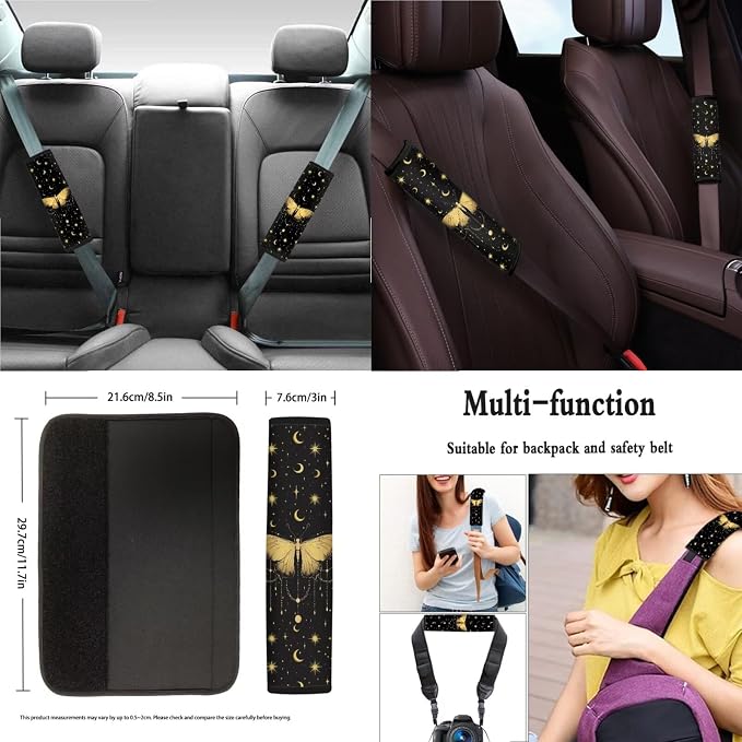 Xoenoiee Butterfly Moon Stars Print 11 Pcs Car Accessories Seat Cover Full Set, Steering Wheel Cover, Front & Rear Seat Cover, Seat Belt Pads, Cup Coaster, Key Chains - Universal Fit