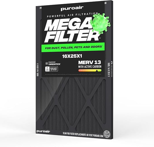 PuroAir MegaFilter - 16x25x1 Air Filter MERV 13 Activated CarbonTech Defense - Heavy Duty 3 Layer Furnace Filters Allergens, Pollen, Dust, Pet Dander, Smoke, Odors - HVAC Air Filter 16x25x1 (1-Pack)