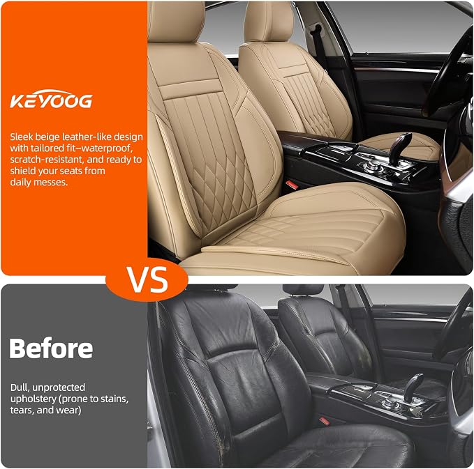 2-Seater Waterproof and Breathable Nappa Leather Car Seat Covers Full Set, Fit for Front Seats of Cars, Compatible with Airbags, Car Seat Protector Covers for Most Cars - Beige