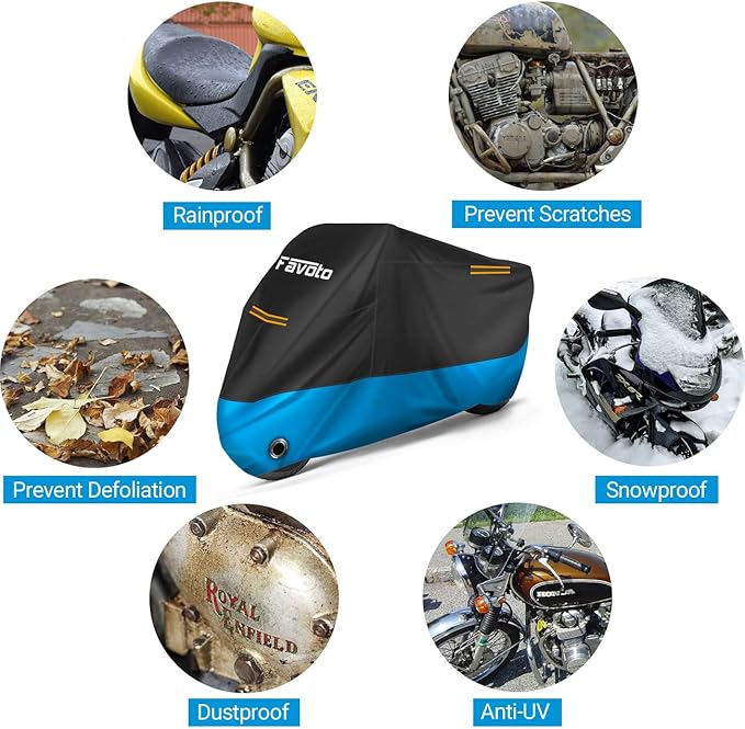 Favoto Motorcycle Cover Waterproof Outdoor 96.5 inches Length All Season Universal Fit Rain Sun Dust Protection Night Reflective with Lock-Holes & Storage Bag Motorbike Powersports Vehicle Cover