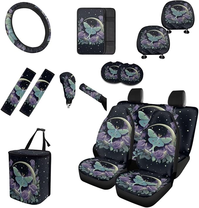 Moth Moon Car Seat Covers Full Set 15 Pcs Universal Car Accessories Steering Wheel Cover Seat Belt Pads Garbage Bag Car Headrest Pillow Covers Armrest Pad