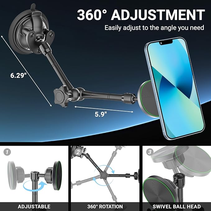 Vacuum Suction Cup Magnetic Phone Mount for Truck Windshield Dashboard, Fit for 4.7-11" Device, Heavy-Duty 360° Adjustable Metal Arm, Compatible with iPhone 16 15 14 Pro Max, iPad, Galaxy Tabs