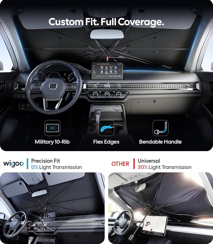 Wigoo Windshield Sun Shade Umbrella for Honda CRV 2000-2026 [100% Sun Blockage, Ice Cooling Fabric] Reflective Heat Insulation, Foldable Front Window Sunshade Umbrella for Honda CRV 2000-2026