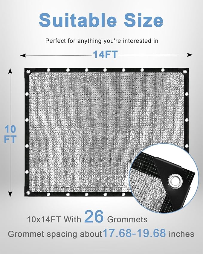 vensovo 95% Aluminum Shade Cloth - Reflective Aluminium Shade Netting Sun Shade Cover with Grommets for Cars, Dogs, Outdoor, RV, Patio (10x14FT)