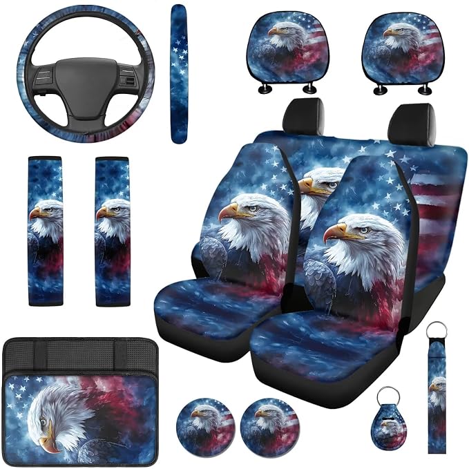 Bulopur Eagle American Flag Car Seat Covers Full Set 14 Pack with Vehicle Steering Wheel Cover Automotive Armrest Cushion Pad Seat Headrest Covers Auto Seat Belt Pads Interior Accessories Set