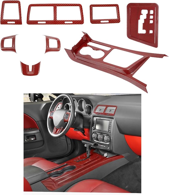 JWWY Challenger Interior Kit for 2009-2014 Dodge Challenger, Gear Shift Panel Dashboard Center Console Vent Outlet Cover Trim Red Carbon Fiber 8PCS