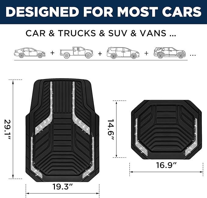PIC AUTO Car Floor Mats, Silver Sparkly Crystal Bling Glitter Car Mats Set, Front and Rear Heavy Duty Rubber Car Mats with Anti-Slip Backing, All Weather, Trim-to-Fit for SUVs, Trucks, Sedan, Vans