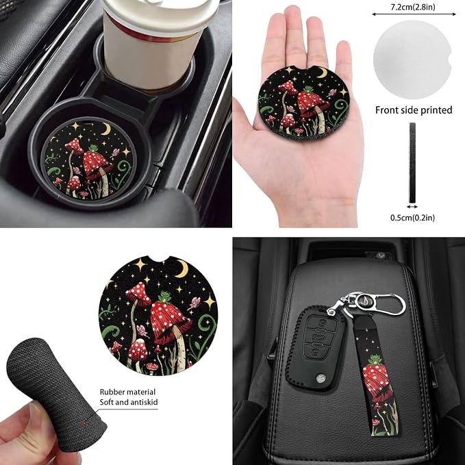 Set of 14 Cute Mushrooms Frog Car Seat Covers Full Set Forest Mushroom Car Seat Covers+Mushroom Steering Wheel+ Coasters+Keychain Mirror Cover+Auto Interior Accessory Protector