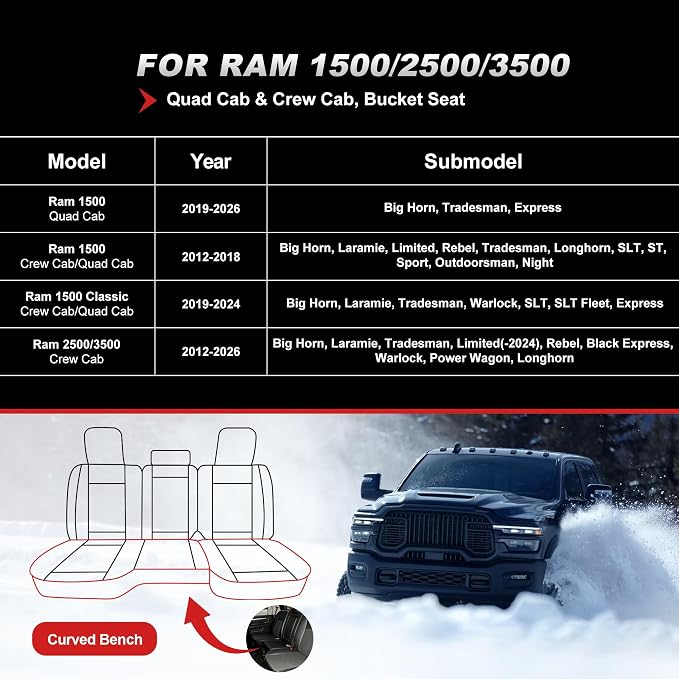 TTX for Dodge RAM 1500 2500 3500 2012-2025 2026 Seat Covers - Seat Cushion Cover with Durable Faux Leather and Curved Bench(Full Set/Black)