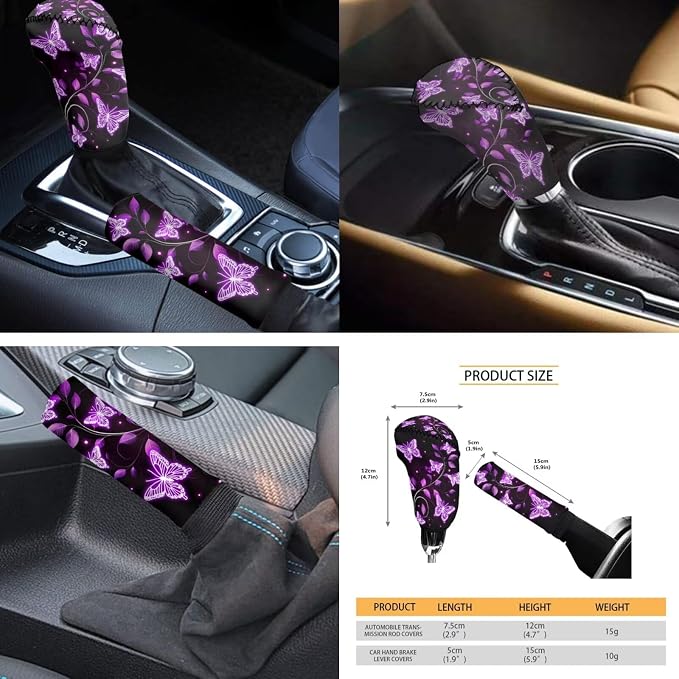 Purple Butterfly Car Seat Covers Full Set 12 Pack Car Steering Wheel Cover Auto Seat Belt Cover Center Console Cover Cars Coasters Gear Lever Cover for Most Cars, SUVs