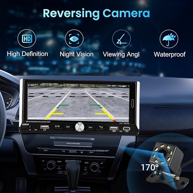 Single Din Car Stereo with Wireless Apple Carplay Android Auto, 6.9" IPS Touchscreen Car Stereo with Bluetooth 5.2 Handsfree Mirror Link Backup Camera GPS Navigation Dual USB Fast Charge FM AM EQ SWC