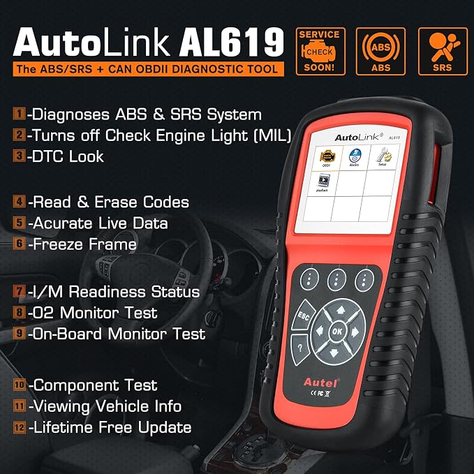 Autel AutoLink AL619 OBD2 Scanner, ABS SRS Warning Light Scan Tool, Turn Off Check Engine Light Car Diagnostic Tool, 10 OBDII Test Modes, Live Data, Freeze Frame, 2026 Up of ML619 AL519 ML519