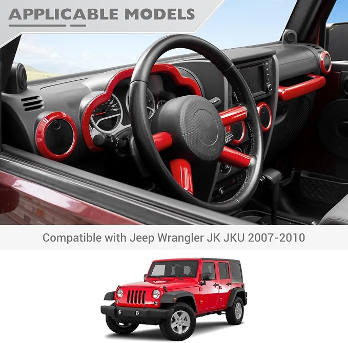 JeCar 10pcs for Jeep Wrangler Interior Trim Kit Red Interior Accessories for 2007-2010 Jeep Wrangler JK JKU Sahara Sport Rubicon & Unlimited