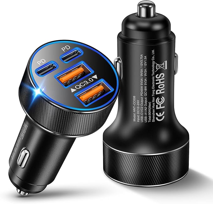 Canjoy 90W Car Charger USB C, 4-Port Super Fast Charging Cigarette Lighter Plug, Dual 45W USB-C & USB-A Car Charger Power Adapter for iPhone 17 16 15 14 13 12, iPad, Galaxy, Tablet, Android (2 Pack)