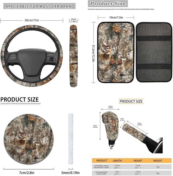 Lotusorchid Car Seat Covers Sets Full Set, Deer Print Front and Rear Split Bench Seat Cover Car Armrest Box Pad Car Headrest Cover Car Coaster, Washable Auto Accessories Full Set, Brown